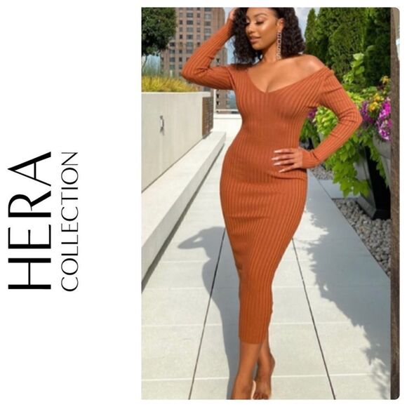 Hera Collection Off The Shoulder Ribbed Rust Midi Bodycon Dress - M - Picture 2 of 12